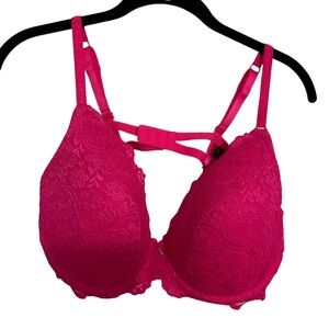 Smart & Sexy Womens 42D Lace Plunge Push Up Bra Magenta Pink
